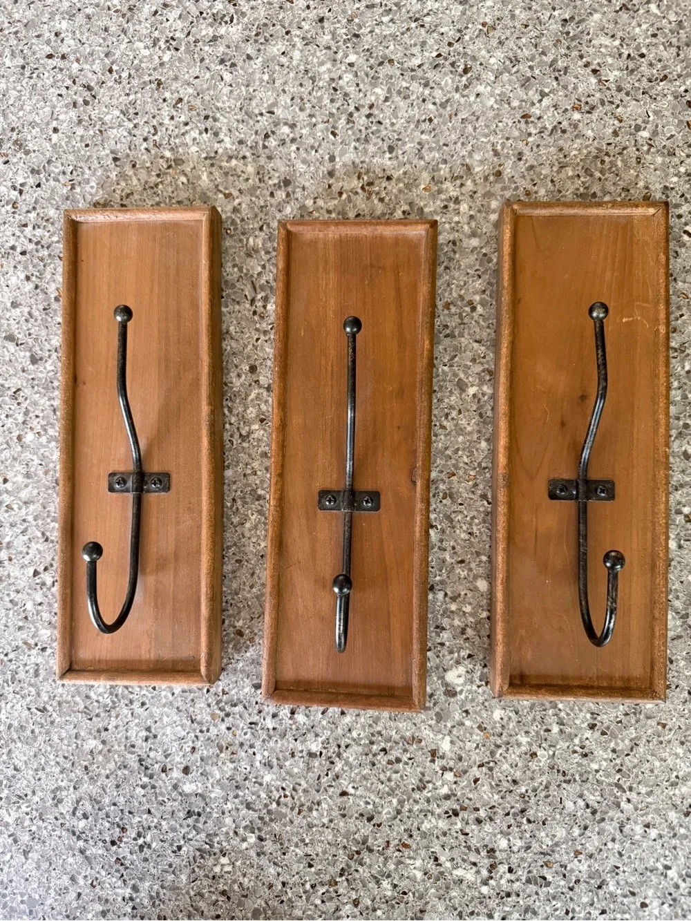 Set of 3 Wall-Mounted Wood Hooks in Brown with Black Metal Hooks
